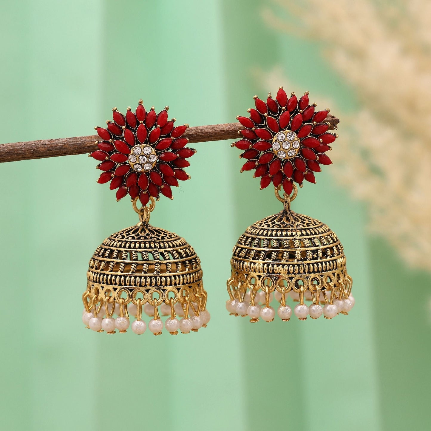 Elegant Red Color Oxidised Earrings Perfect For Festivals, Weddings, And Daily Styling