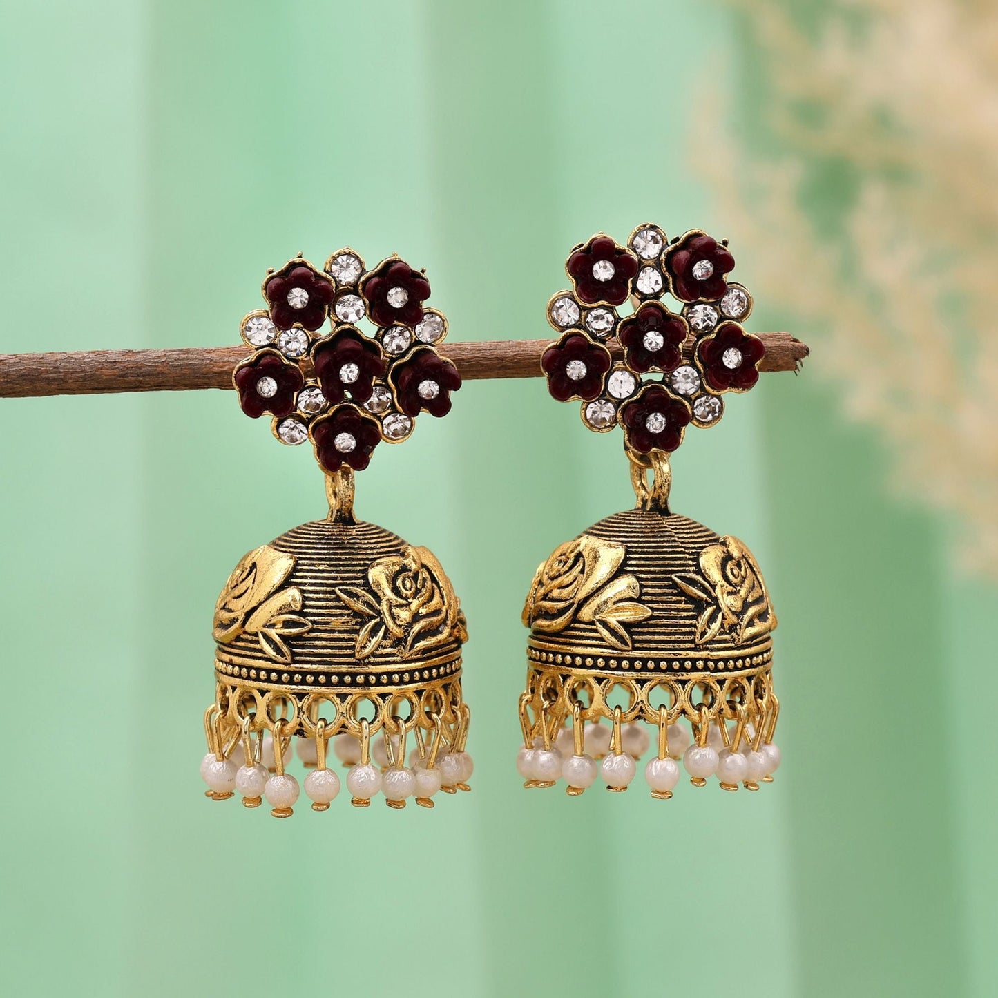 Exclusive Maroon Color Oxidised Earrings Crafted For Bridal Fashion Jewelry And Wedding Celebrations