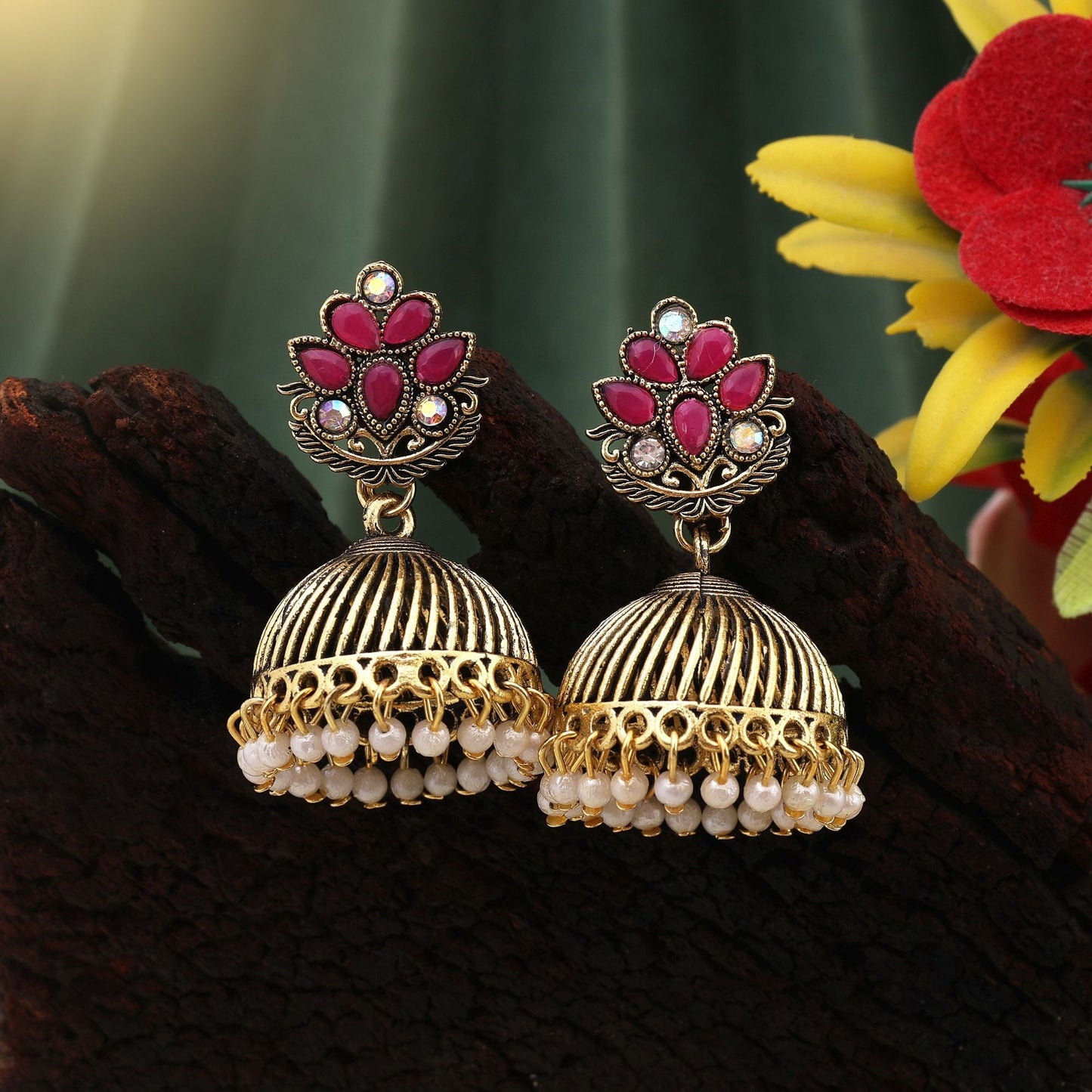 Stilvolle, rot oxidierte Ohrringe für Bräute, Festivals und traditionellen Kulturschmuck