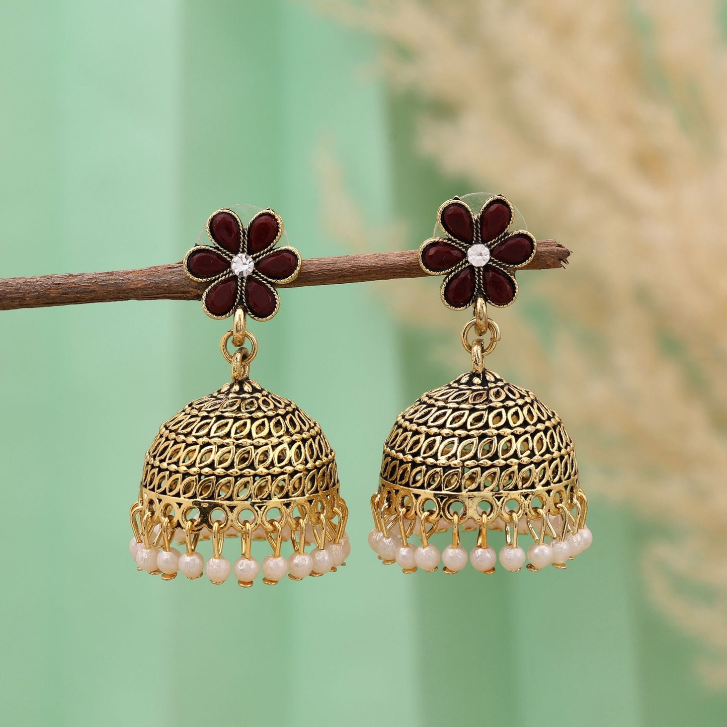 Gorgeous Maroon Color Oxidised Earrings Designed With Detailing For Parties, Brides, And Weddings