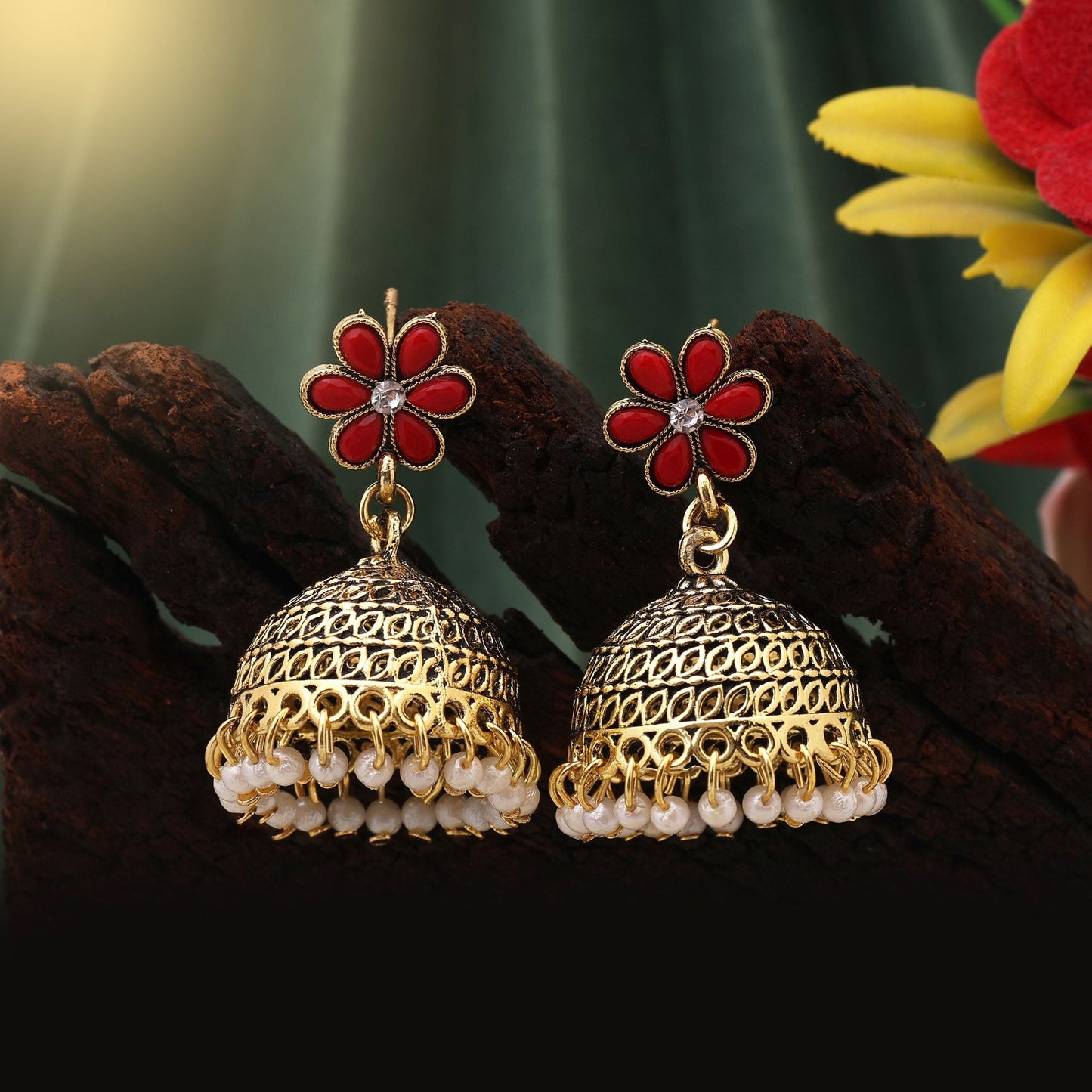 Stylish Red Color Oxidised Earrings Perfect For Brides, Ethnic Outfits, And Wedding Party Jewelry