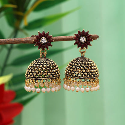 Classic Maroon Color Oxidised Earrings Designed With Handmade Detailing For Weddings And Party Looks