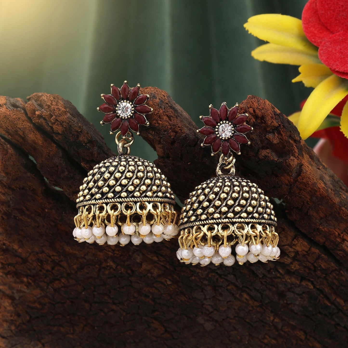 Classic Maroon Color Oxidised Earrings Designed With Handmade Detailing For Weddings And Party Looks