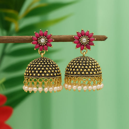 Beautiful Rani Color Oxidised Earrings Designed For Bridal Fashion Jewelry And Cultural Functions