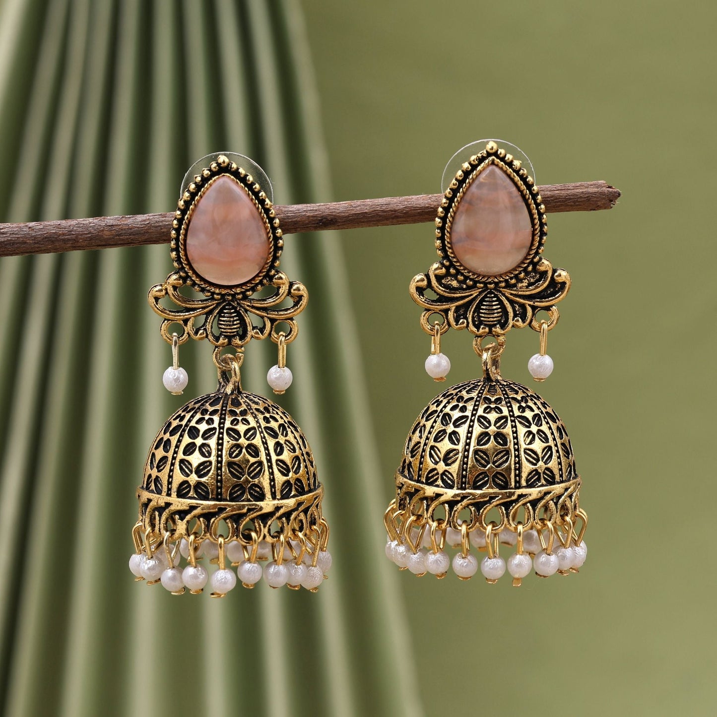 Elegant Peach Color Oxidised Earrings Designed With Handmade Artistic Work For Brides And Festivals