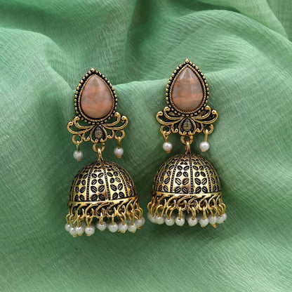 Elegant Peach Color Oxidised Earrings Designed With Handmade Artistic Work For Brides And Festivals