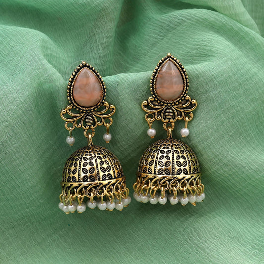 Elegant Peach Color Oxidised Earrings Designed With Handmade Artistic Work For Brides And Festivals