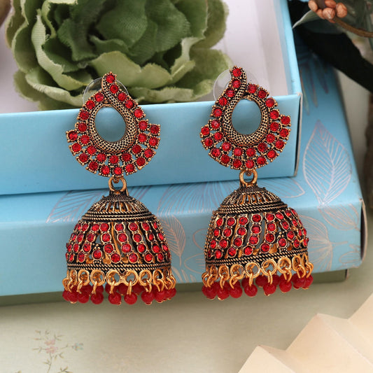 Gorgeous Red Color Oxidised Earrings Crafted With Artistic Detailing For Brides And Party Styling