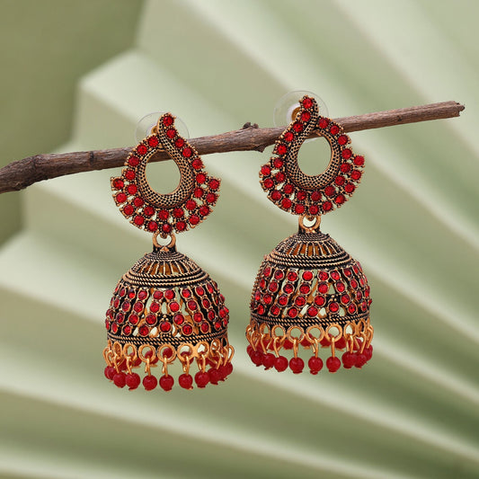 Gorgeous Red Color Oxidised Earrings Crafted With Artistic Detailing For Brides And Party Styling