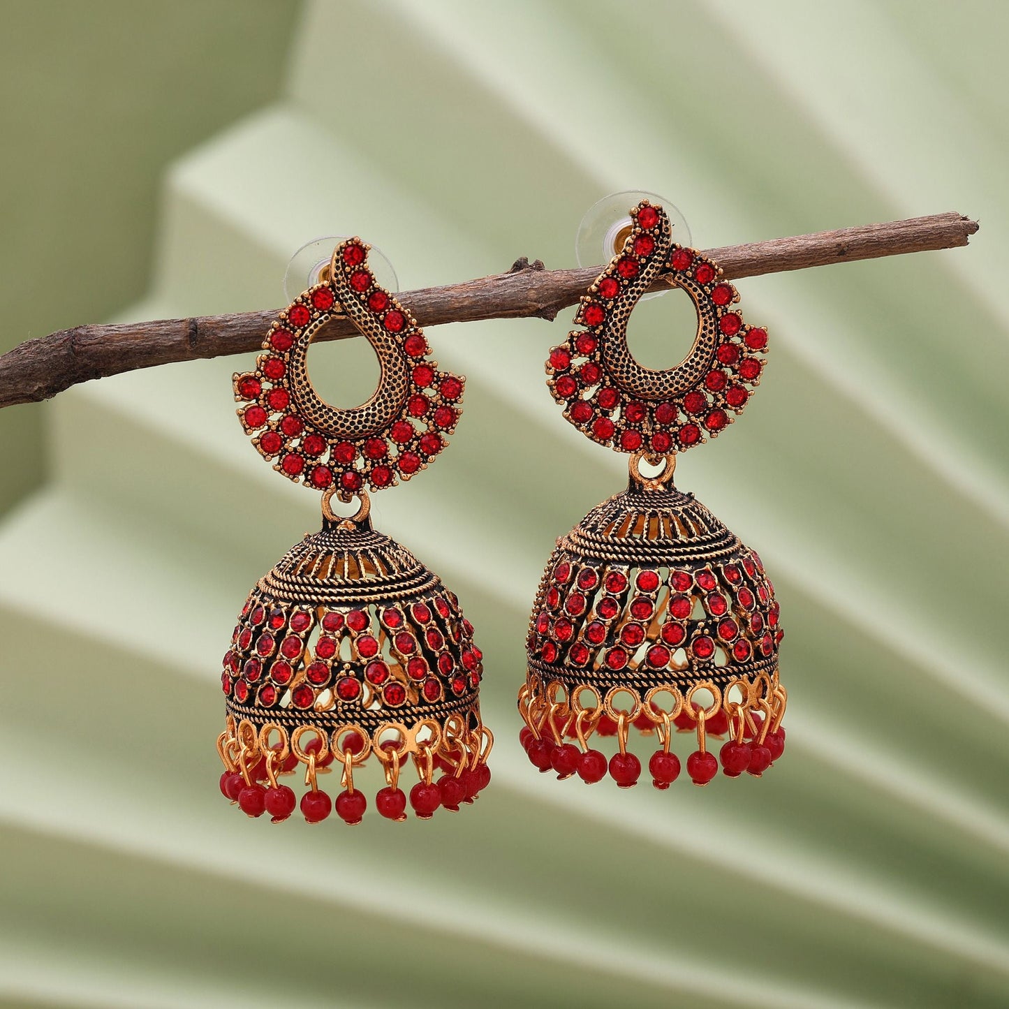 Gorgeous Red Color Oxidised Earrings Crafted With Artistic Detailing For Brides And Party Styling
