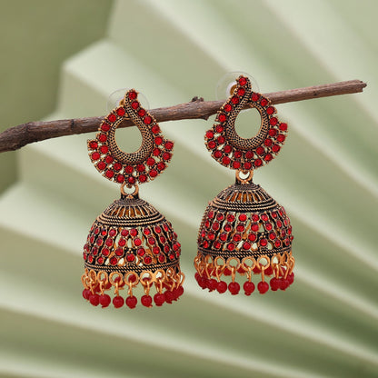Gorgeous Red Color Oxidised Earrings Crafted With Artistic Detailing For Brides And Party Styling