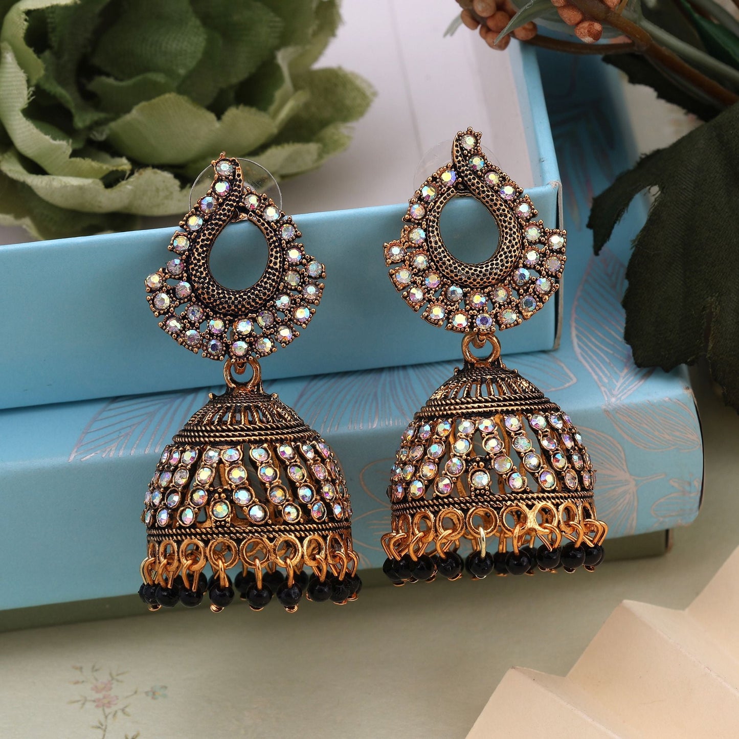Elegant Black Color Mint Meena Oxidised Earrings Designed For Weddings, Parties, And Ethnic Fashion Jewelry