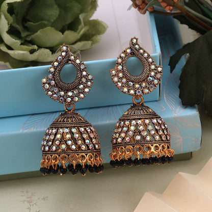 Elegant Black Color Mint Meena Oxidised Earrings Designed For Weddings, Parties, And Ethnic Fashion Jewelry