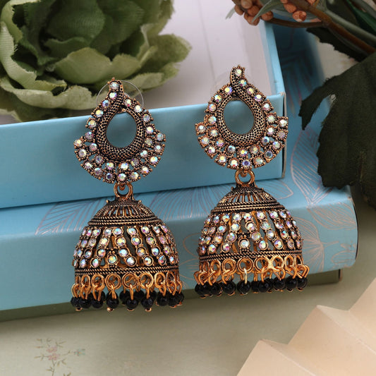 Elegant Black Color Mint Meena Oxidised Earrings Designed For Weddings, Parties, And Ethnic Fashion Jewelry