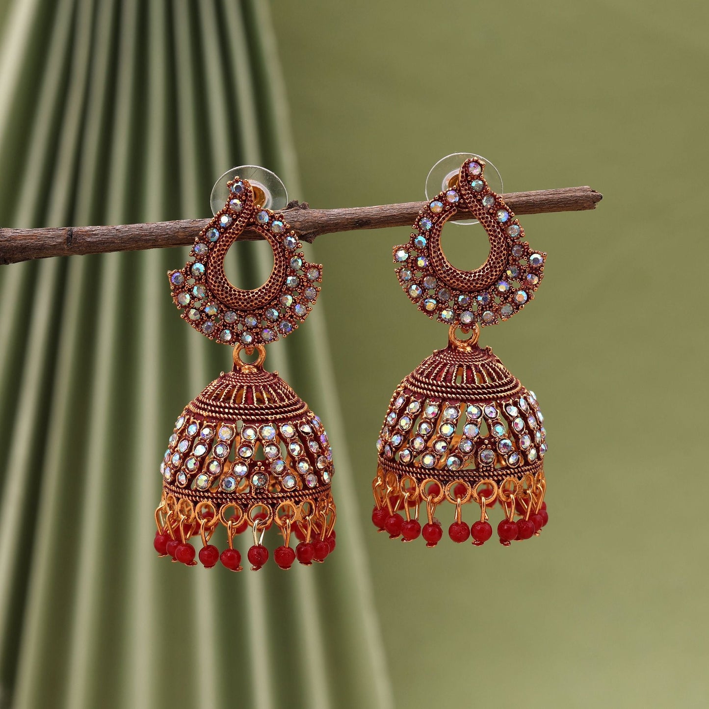 Gorgeous Red Color Mint Meena Oxidised Earrings Perfect For Brides, Festivals, And Cultural Outfits Styling