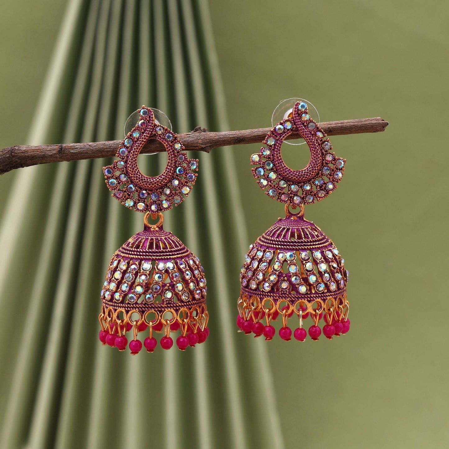 Beautiful Rani Color Mint Meena Oxidised Earrings Designed For Festivals, Brides, And Women’S Party Jewelry