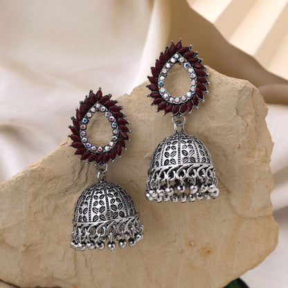 Stylish Maroon Color Oxidised Earrings Crafted With Handmade Detailing For Brides And Ethnic Styling Jewelry