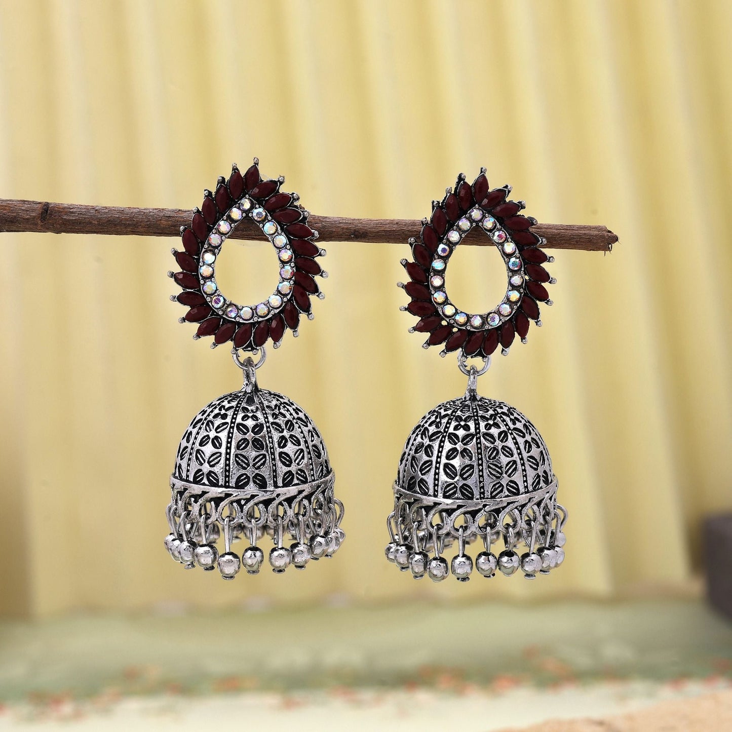 Stylish Maroon Color Oxidised Earrings Crafted With Handmade Detailing For Brides And Ethnic Styling Jewelry