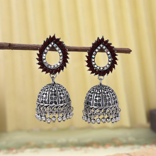 Stylish Maroon Color Oxidised Earrings Crafted With Handmade Detailing For Brides And Ethnic Styling Jewelry