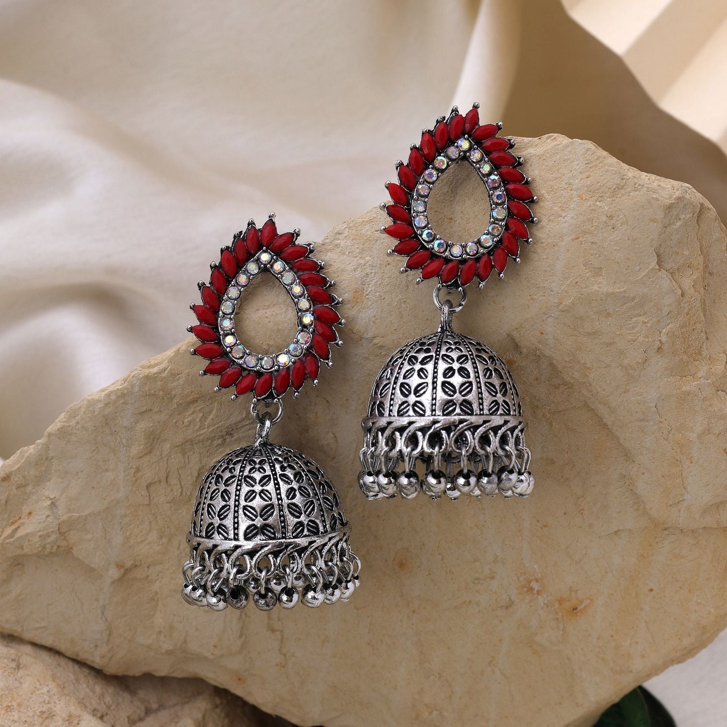 Gorgeous Red Color Oxidised Earrings Crafted With Artistic Work For Bridal Styling And Festivals Jewelry