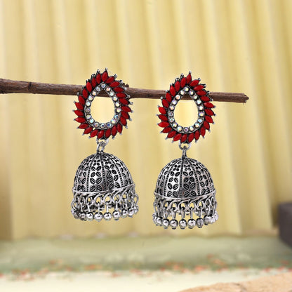 Gorgeous Red Color Oxidised Earrings Crafted With Artistic Work For Bridal Styling And Festivals Jewelry