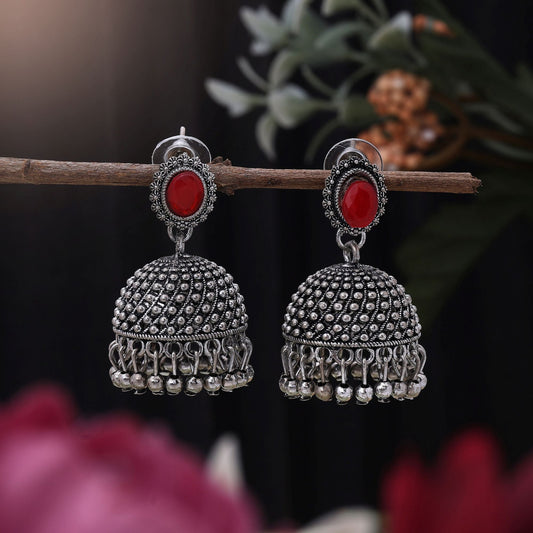 Stylish Red Color Oxidised Earrings Perfect For Brides, Parties, And Cultural Event Jewelry Collections