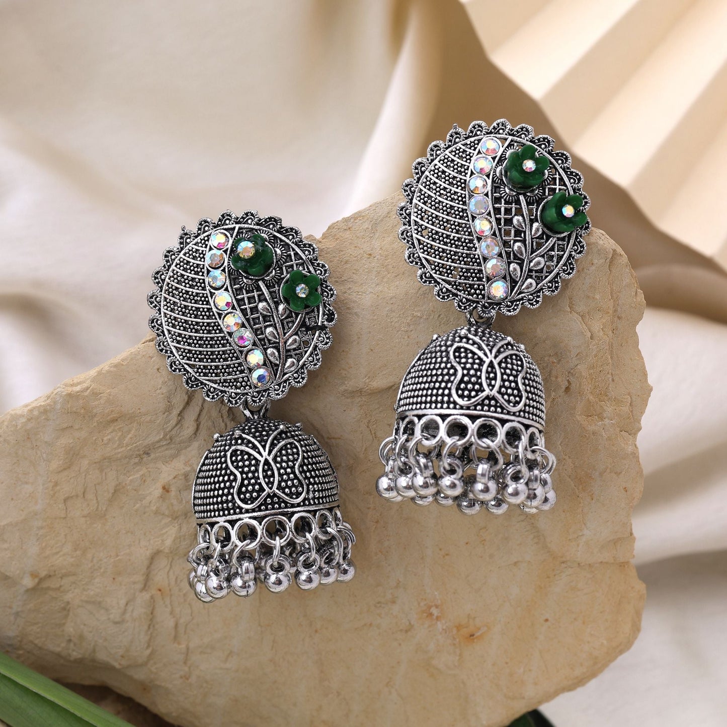 Stylish Green Color Oxidised Earrings Crafted With Handmade Work For Women’S Festivals And Wedding Looks