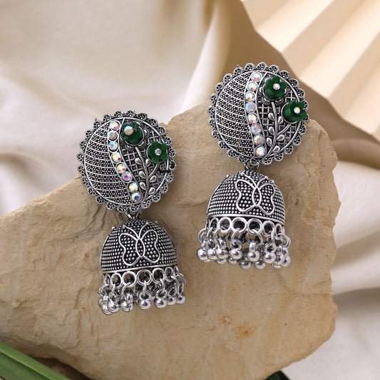 Stylish Green Color Oxidised Earrings Crafted With Handmade Work For Women’S Festivals And Wedding Looks
