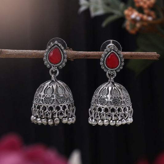 Elegant Red Color Oxidised Earrings Perfect For Brides, Parties, And Women’S Fashion Cultural Styling