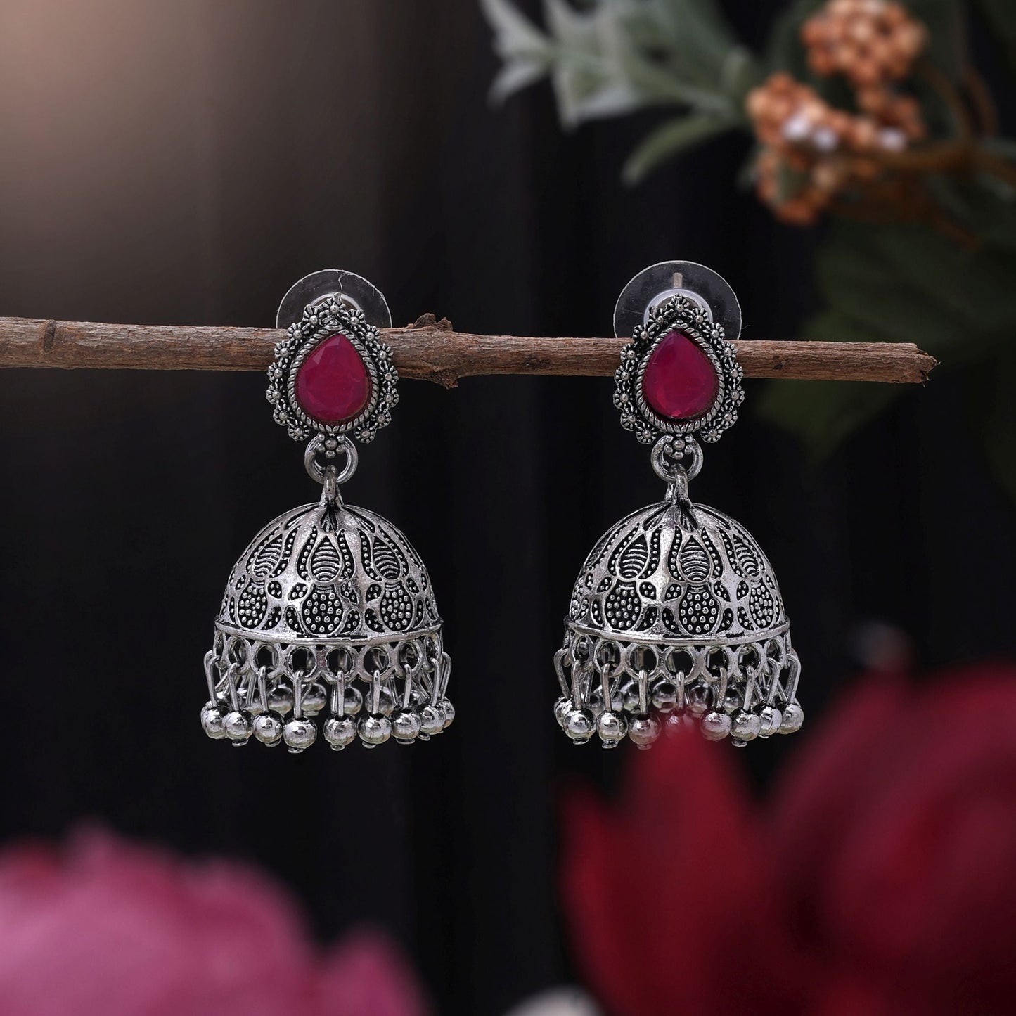 Attractive Rani Color Oxidised Earrings Designed For Brides, Festivals, And Ethnic Cultural Party Jewelry