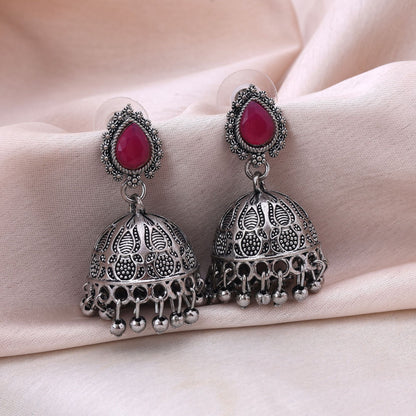 Attractive Rani Color Oxidised Earrings Designed For Brides, Festivals, And Ethnic Cultural Party Jewelry