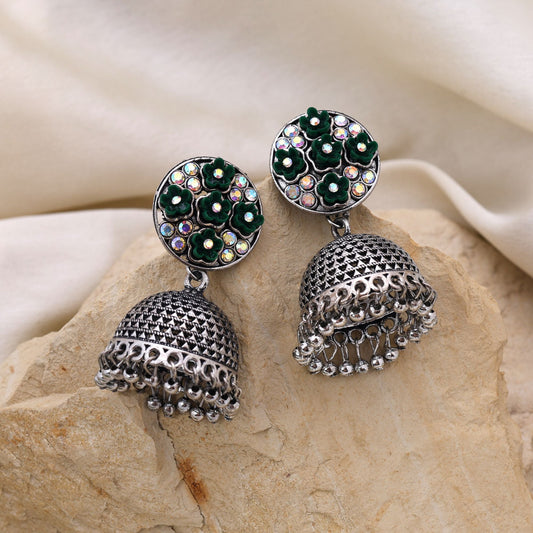 Gorgeous Green Color Oxidised Earrings Designed For Brides, Festivals, And Women’S Daily Ethnic Styling
