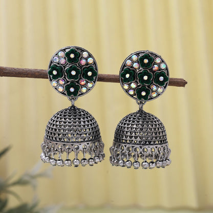 Gorgeous Green Color Oxidised Earrings Designed For Brides, Festivals, And Women’S Daily Ethnic Styling