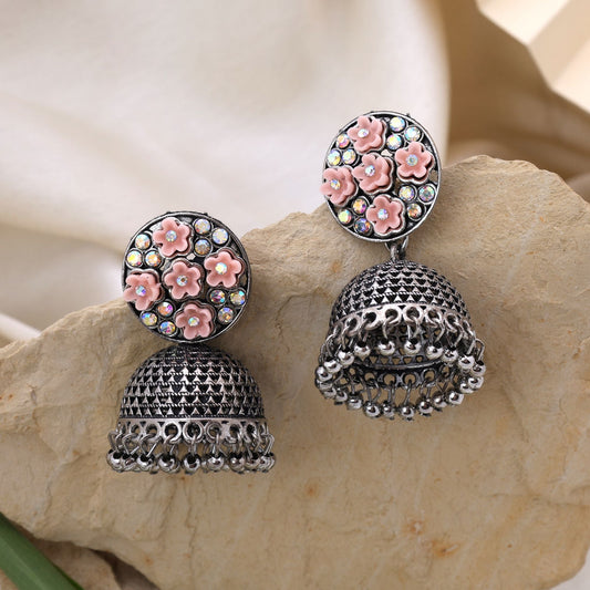 Stylish Peach Color Oxidised Earrings Crafted With Handmade Work For Weddings, Festivals, And Party Looks