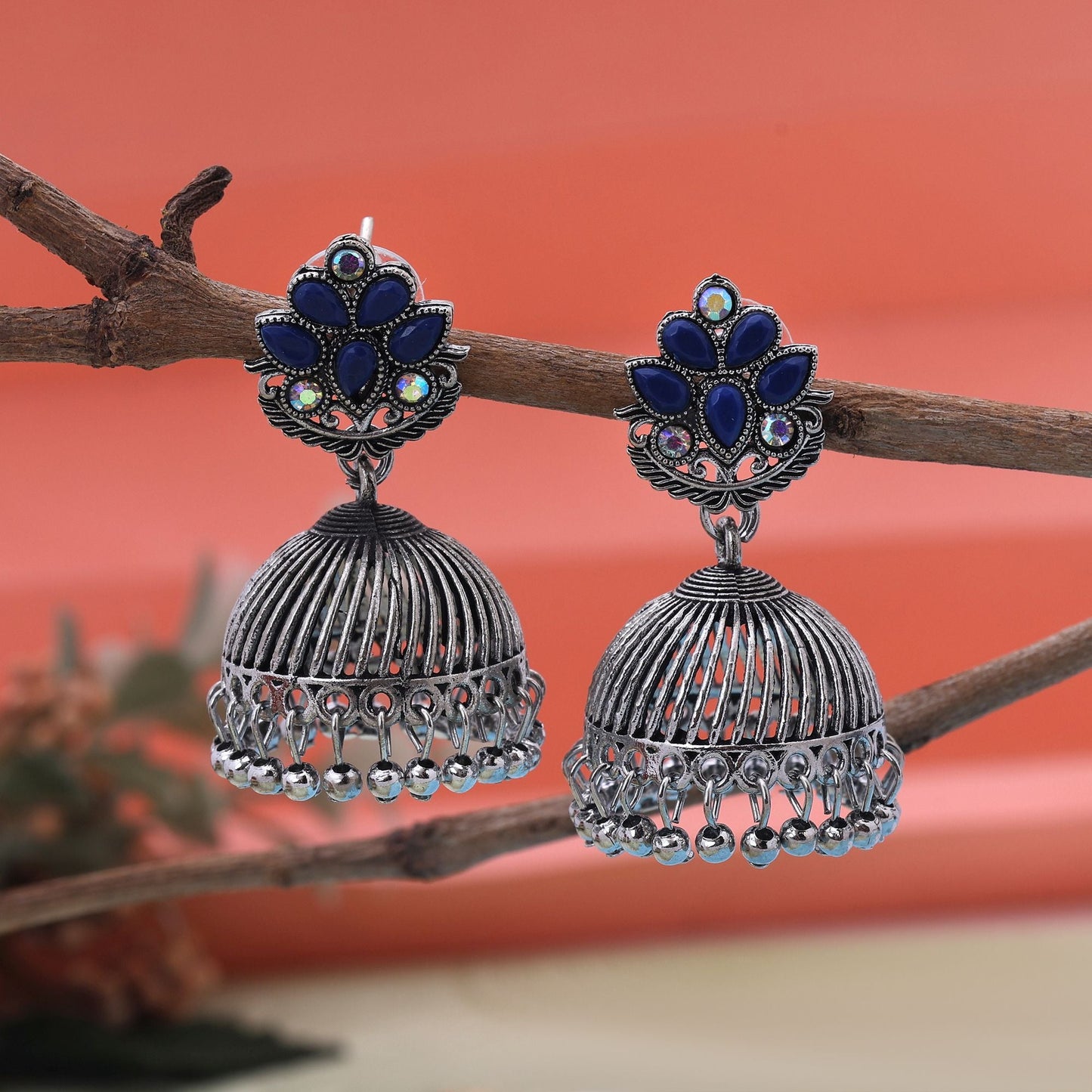 Attractive Blue Color Oxidised Earrings Designed For Weddings, Cultural Functions, And Bridal Jewelry Styling