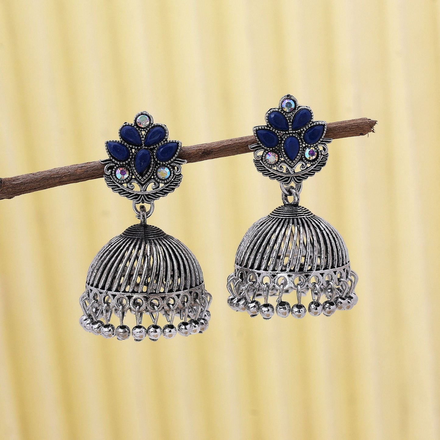 Attractive Blue Color Oxidised Earrings Designed For Weddings, Cultural Functions, And Bridal Jewelry Styling