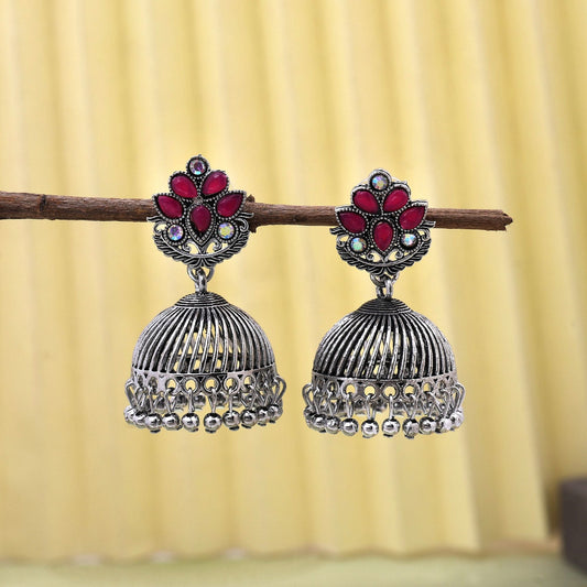 Gorgeous Rani Color Oxidised Earrings Crafted With Handmade Artistic Detailing For Parties And Wedding Looks
