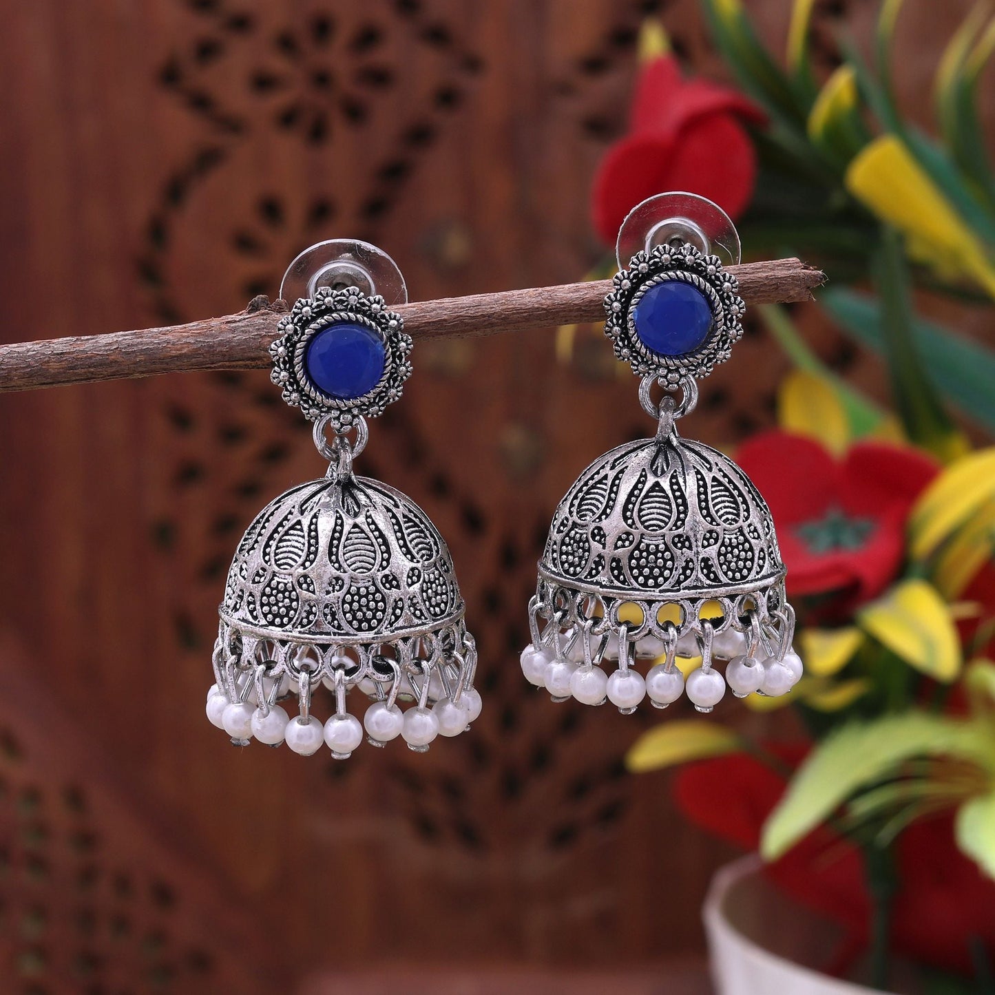 Attractive Blue Color Oxidised Earrings Crafted With Traditional Touch For Ethnic Jewellery Lovers