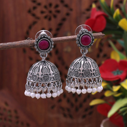 Elegant Rani Color Oxidised Earrings With Handcrafted Ethnic Look For Special Occasions