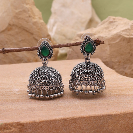 Exquisite Green Color Oxidised Earrings Perfect For Cultural Events, Parties, And Bridal Wear