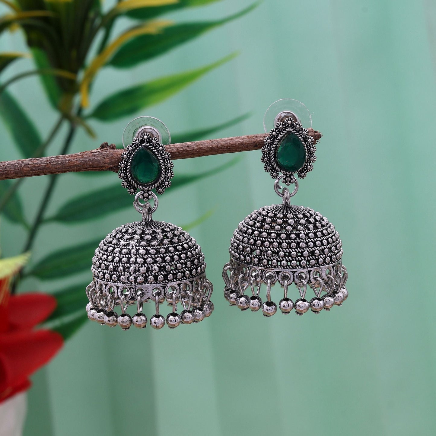 Exquisite Green Color Oxidised Earrings Perfect For Cultural Events, Parties, And Bridal Wear