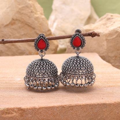 Designer Red Color Oxidised Earrings With Unique Handmade Detailing For Bridal Jewellery Sets