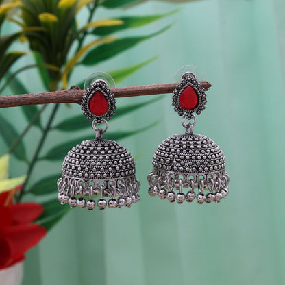 Designer Red Color Oxidised Earrings With Unique Handmade Detailing For Bridal Jewellery Sets