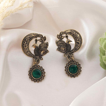 Green Color Oxidised Earrings With Beautiful Tribal Engraving For Ethnic Outfits