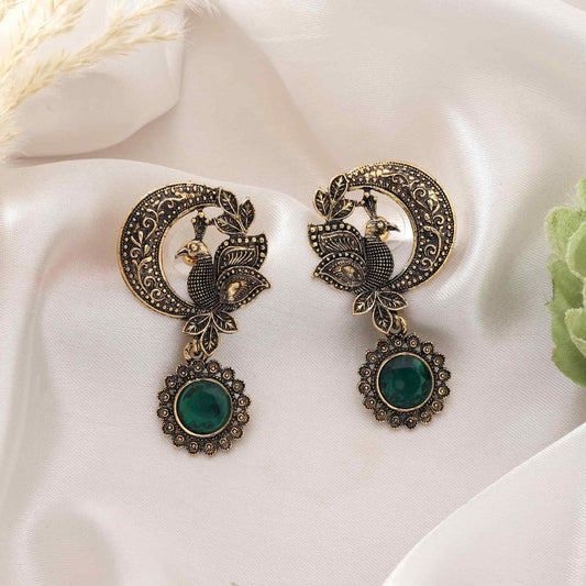 Green Color Oxidised Earrings With Beautiful Tribal Engraving For Ethnic Outfits