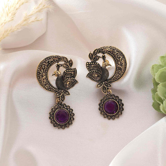 Purple Color Oxidised Earrings With Antique Design And Elegant Silver Finish