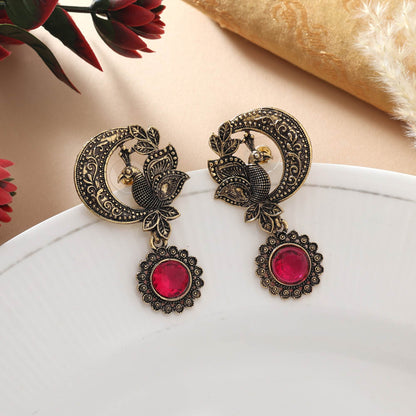 Rani Color Oxidised Earrings With Traditional Carving Work Perfect For Festivals