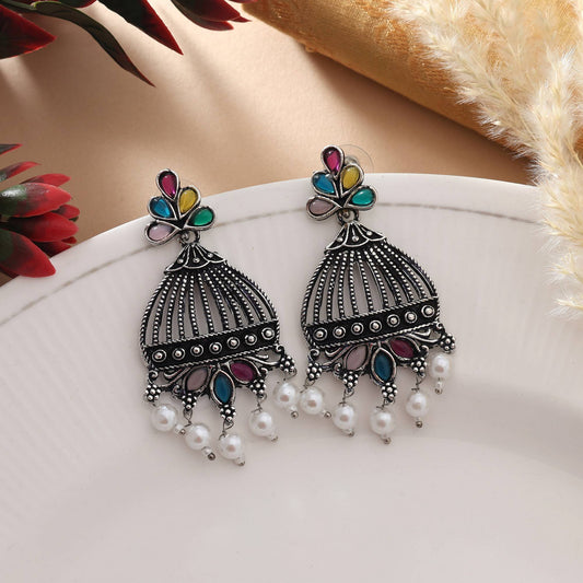 Multi Color Oxidised Earrings With Artistic Beaded Design For Cultural Occasions