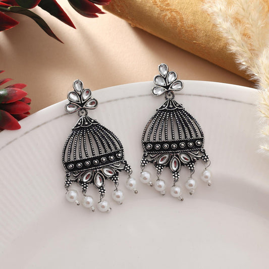 Silver Color Oxidised Earrings With Handmade Craft Detailing And Traditional Look