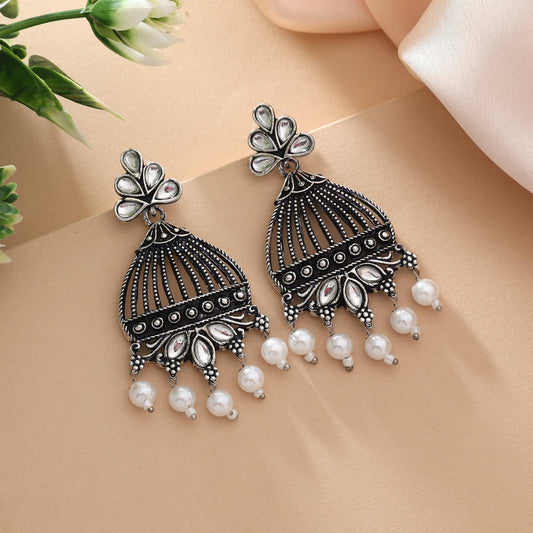 Silver Color Oxidised Earrings With Handmade Craft Detailing And Traditional Look